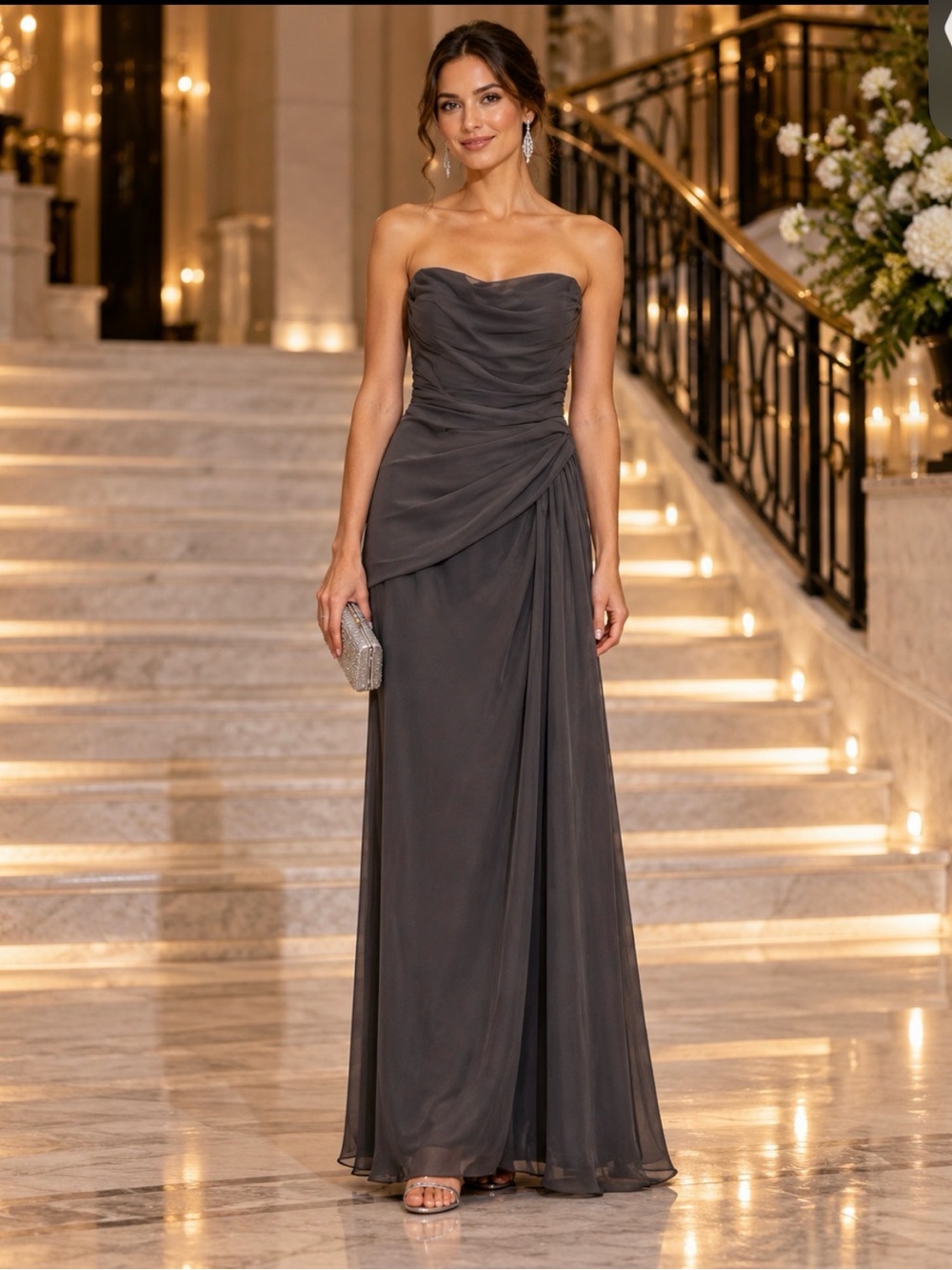 Jim Hjelm Occasions Charcoal Gray Chiffon Strapless Evening Dress